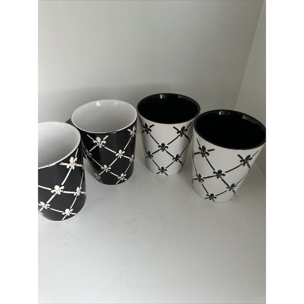 Home Essentials Coffee /Tea Mugs Black White French France Fleur Set Of 4